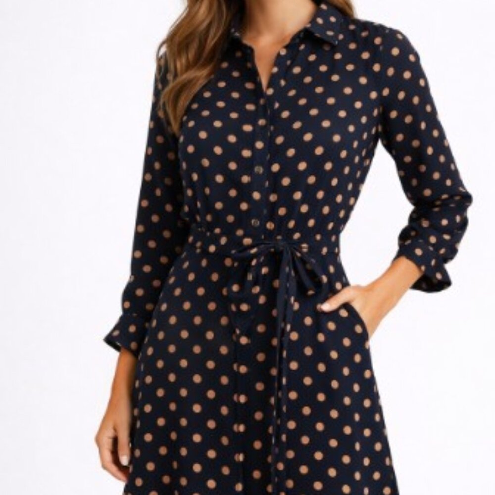 Banana Republic Belted Polka Dot Shirt Dress – Navy/Orange – Size 6